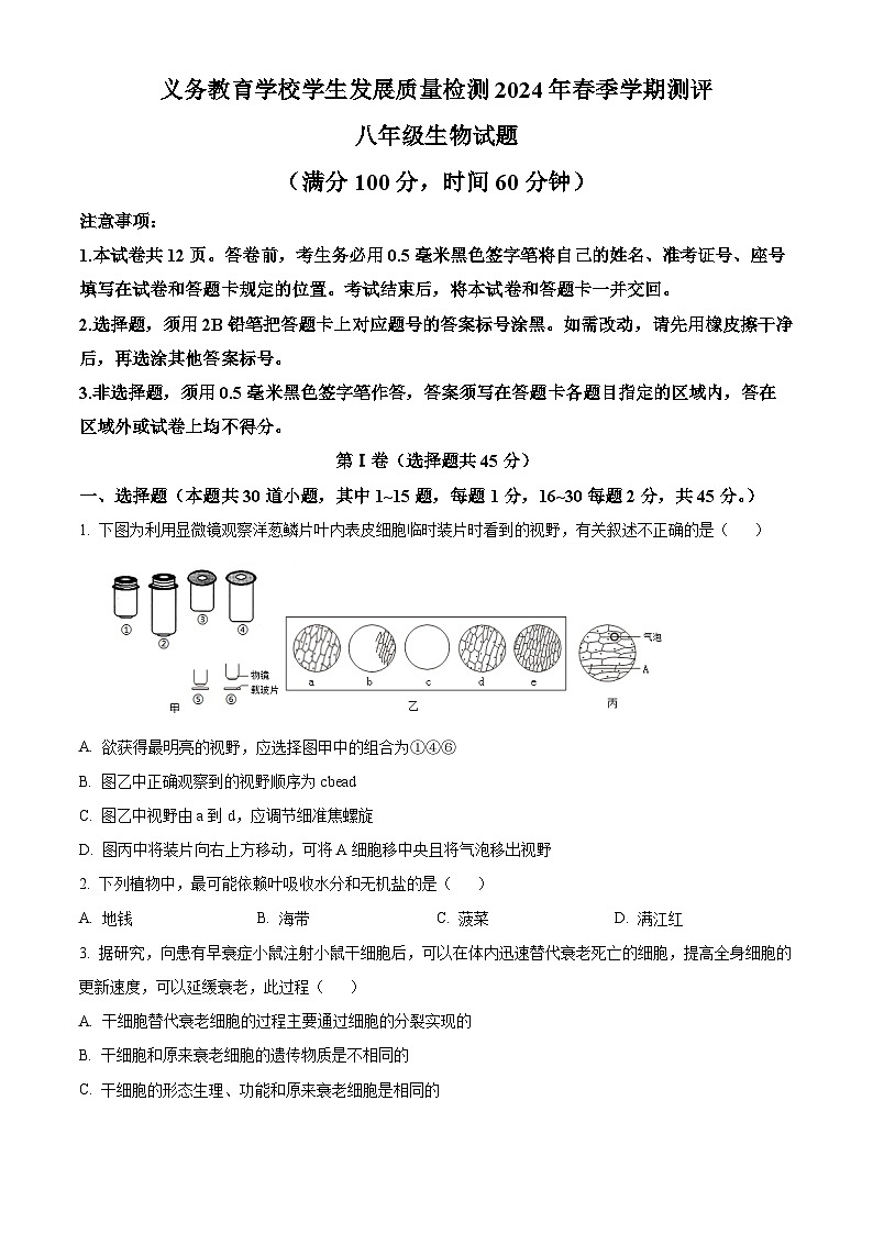 山东省日照市北京路中学2023-2024学年八年级下学期期中生物试题(原卷版)第1页