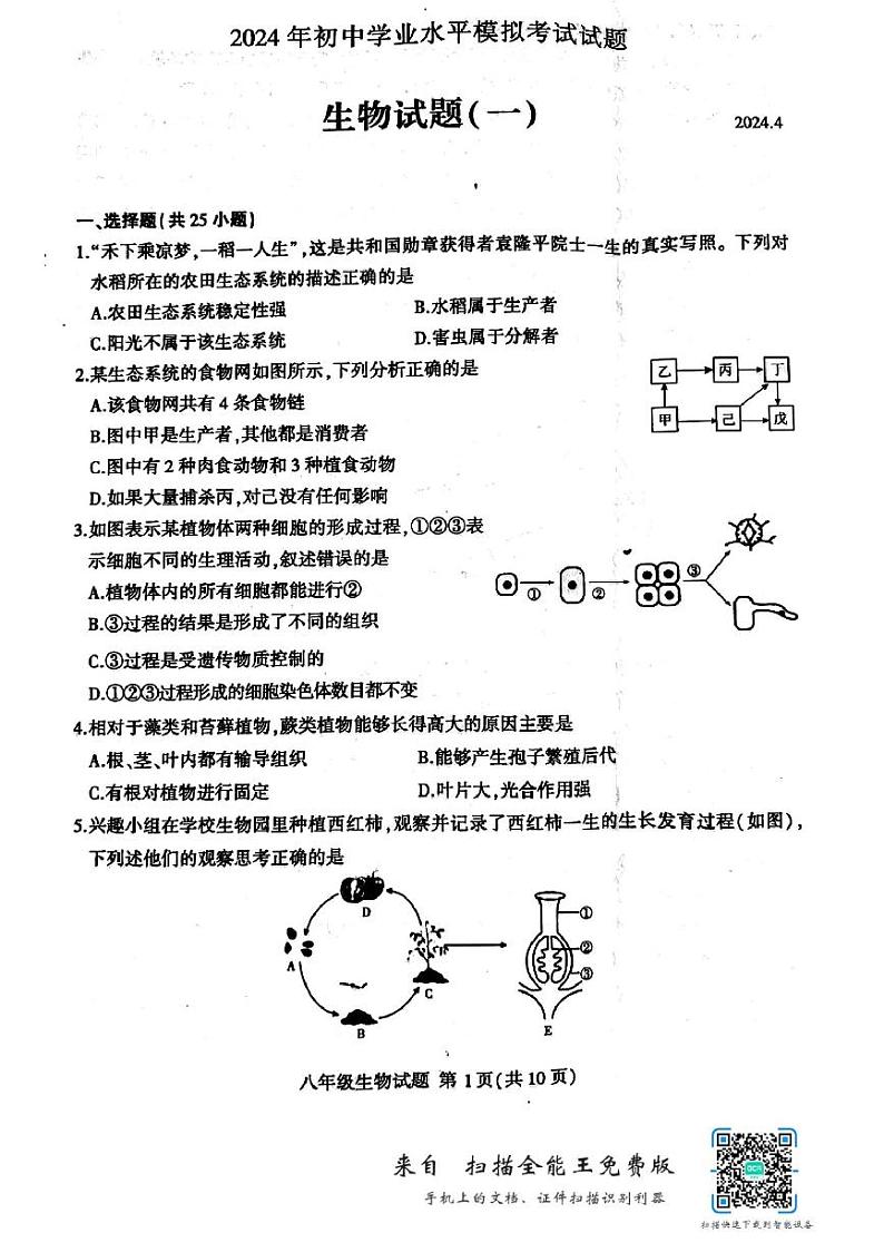 2024年山东省临沂市费县八年级初中学业水平模拟考试(一模)生物试题第1页