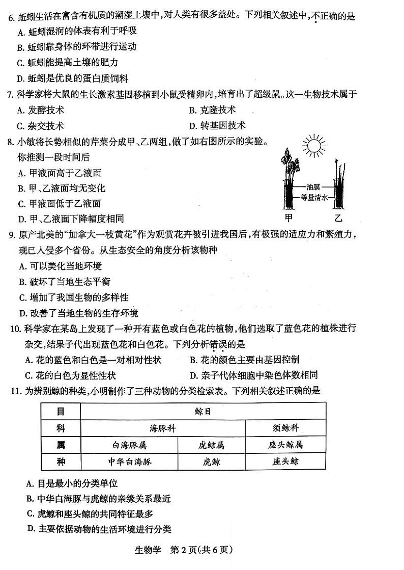 2024年山西省初中九年级中考适应性测试(二)生物试卷+答案02