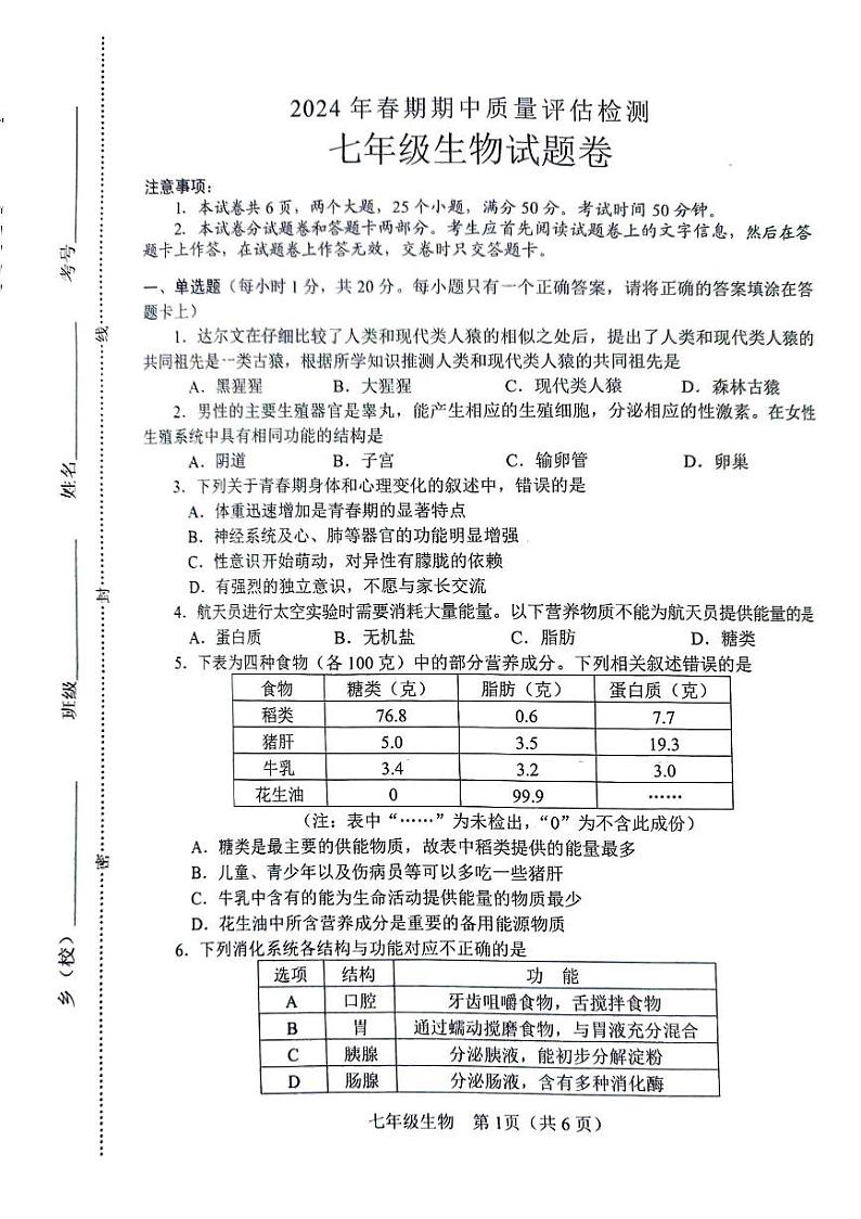 255,河南省南阳市2023-2024学年七年级下学期4月期中生物试题01