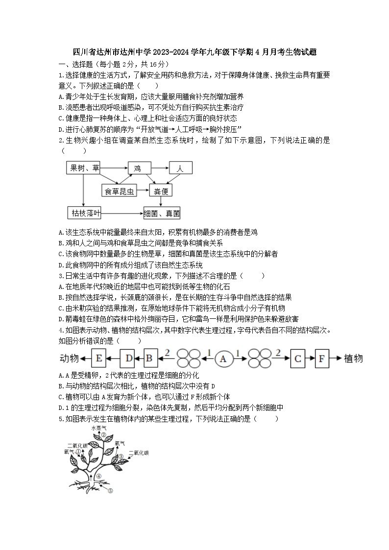 07，四川省达州市达州中学2023-2024学年九年级下学期4月份月考生物试题