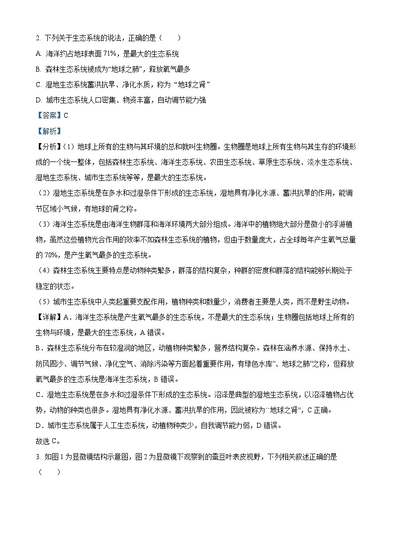2024年山东省东营市广饶县八年级中考二模生物试题(原卷版+解析版)02