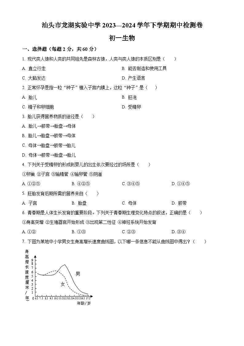 广东省汕头市龙湖实验中学2023-2024学年七年级下学期期中生物试题(原卷版)第1页