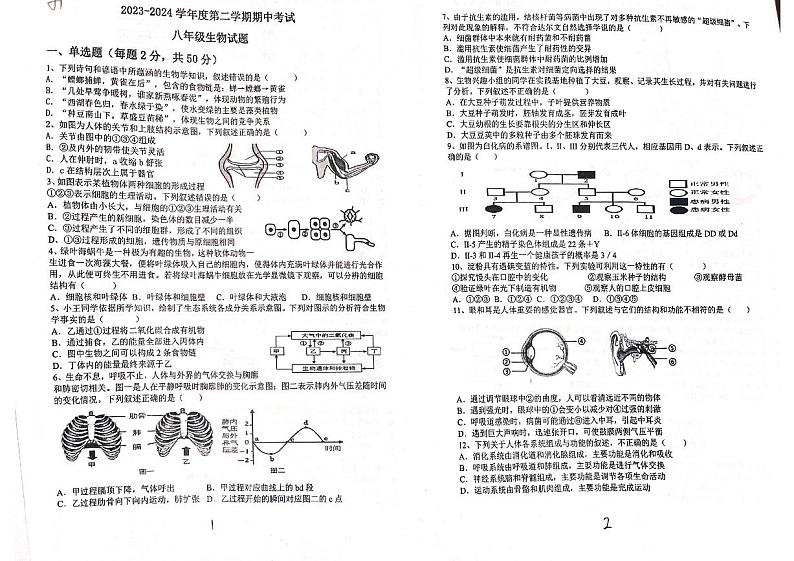 山东省滨州邹平市梁邹实验初级中学2023-2024学年八年级下学期期中考试生物试题01