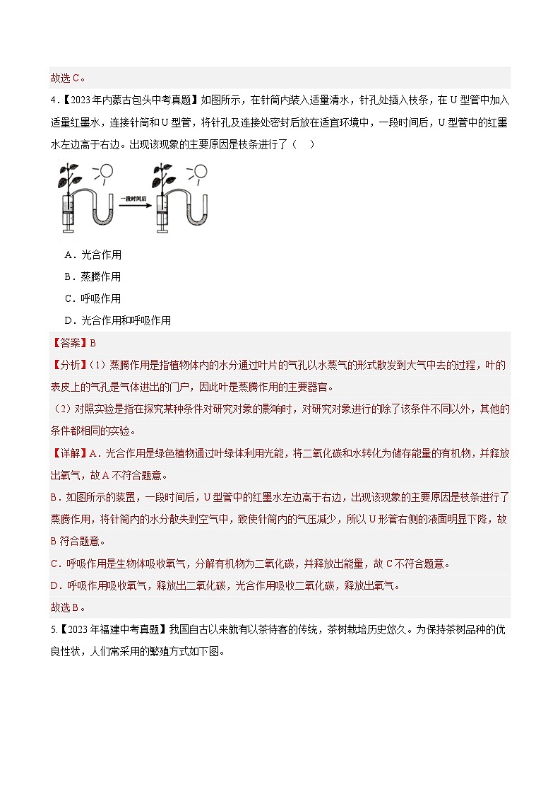 2024年中考生物真题分项汇编(全国通用)-专题04 绿色植物的蒸腾作用、光合作用和呼吸作用(解析版)第2页