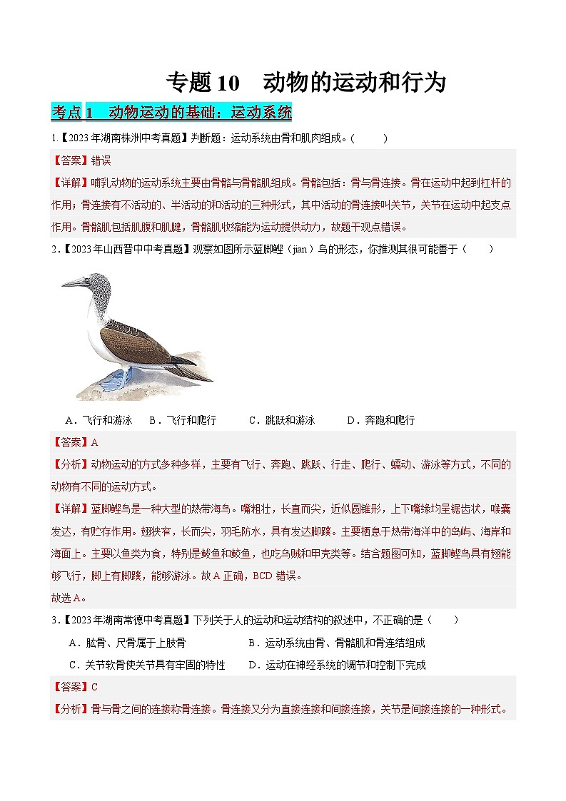 2024年中考生物真题分项汇编(全国通用)-专题10 动物的运动和行为(解析版)第1页
