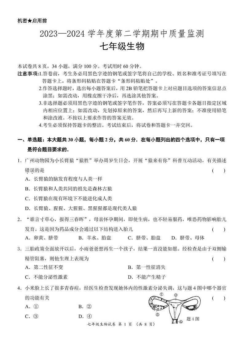 23,广东省阳江市江城区2023-2024学年七年级下学期期中考试生物试题第1页