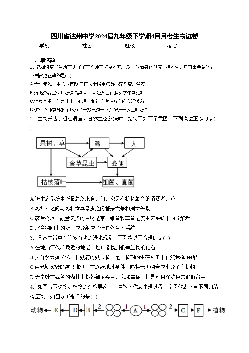 四川省达州中学2024届九年级下学期4月月考生物试卷(含答案)