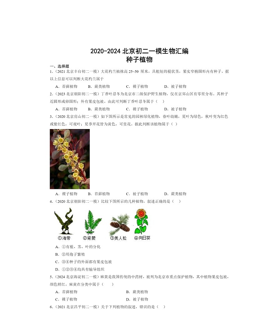 2020~2024北京初二一模生物試題分類匯編:種子植物第1頁
