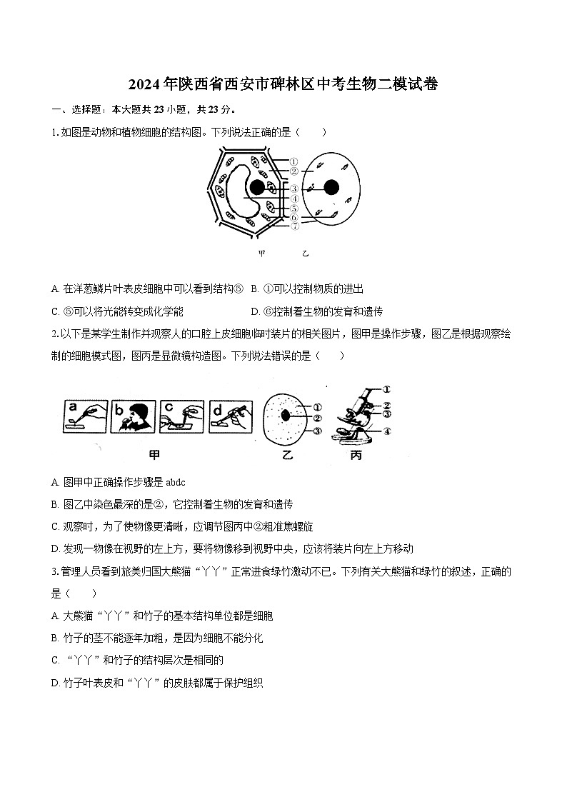 2024年陕西省西安市碑林区中考生物二模试卷(含解析)01