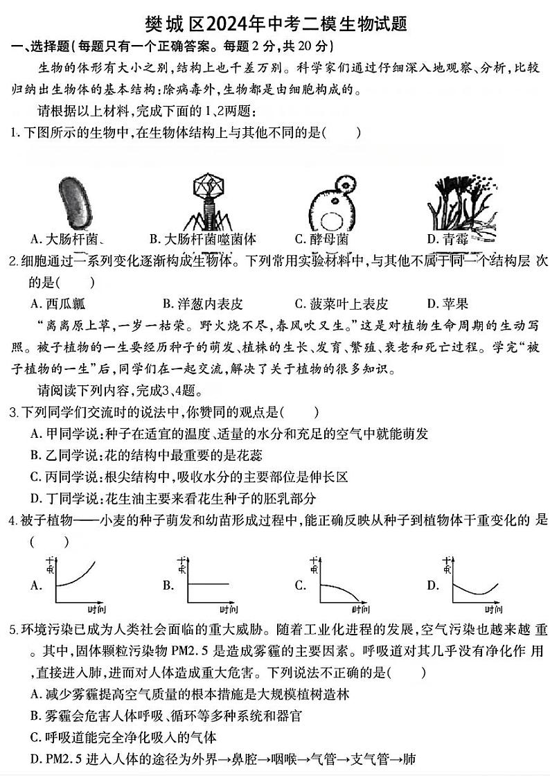 2024年湖北省襄阳市樊城区中考二模考试生物试题第1页
