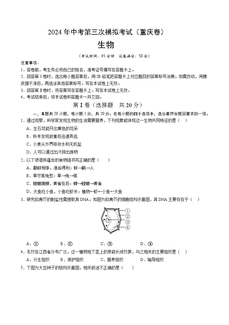 2024年中考第三次模拟考试题:生物(重庆卷)(考试版)第1页