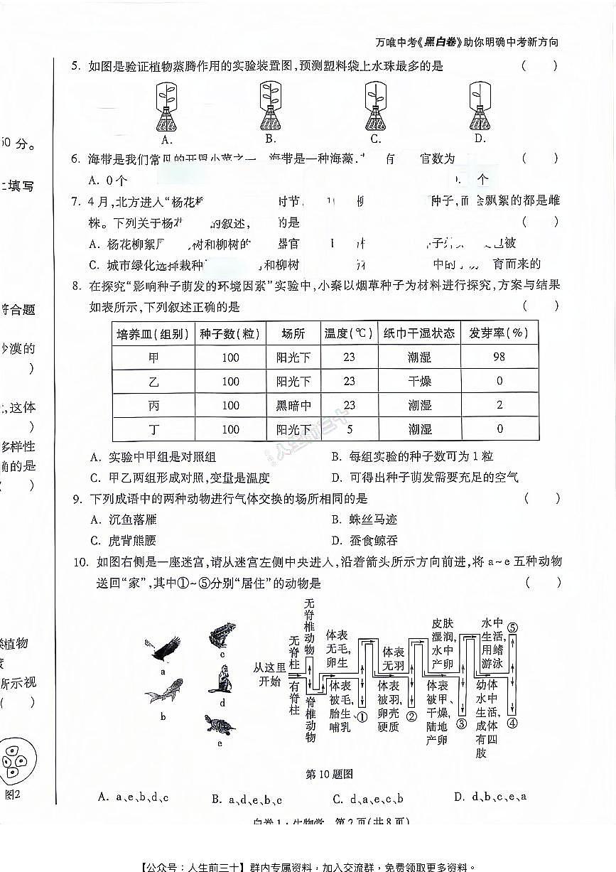 2024年陕西中考《黑白卷》生物白卷第2页