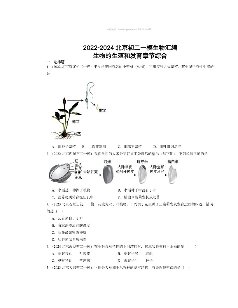 2022～2024北京初二一模生物試題分類匯編：生物的生殖和發(fā)育章節(jié)綜合（京改版）第1頁