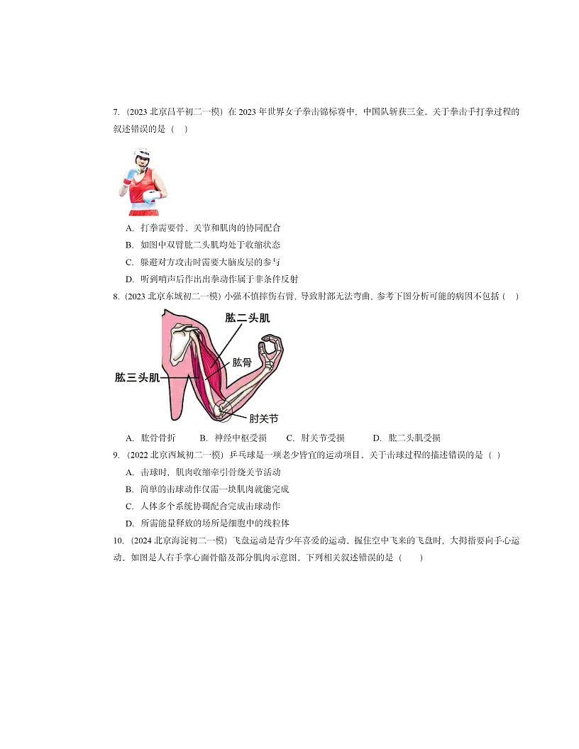 2022～2024北京初二一模生物試題分類匯編：動物的運(yùn)動（京改版）第2頁