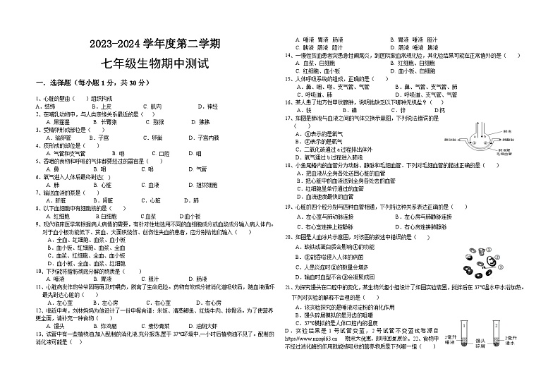 23,陕西省宝鸡市渭滨区2023-2024学年七年级下学期期中测试生物试卷第1页
