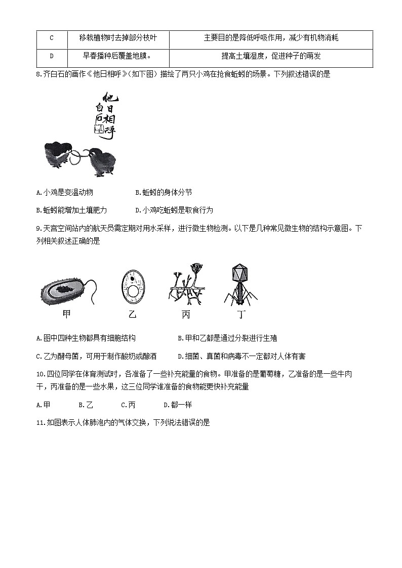 2024年山东省枣庄市峄城区中考三模生物试卷(无答案)第3页