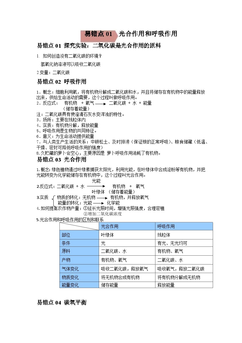 2024年中考生物考试易错点06 光合作用和呼吸作用（原卷版+解析版）