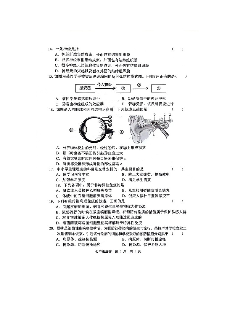 山东省菏泽市鲁西新区2023-2024学年七年级下学期第二次月考(6月)生物试题第3页