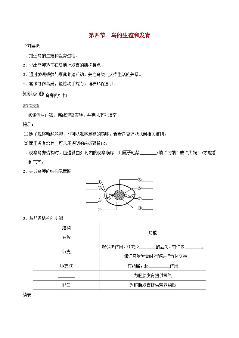 八下生物第七單元生物圈中生命的延續(xù)和發(fā)展第一章生物的生殖和發(fā)育第四節(jié)鳥(niǎo)的生殖和發(fā)育導(dǎo)學(xué)案（人教版）第1頁(yè)