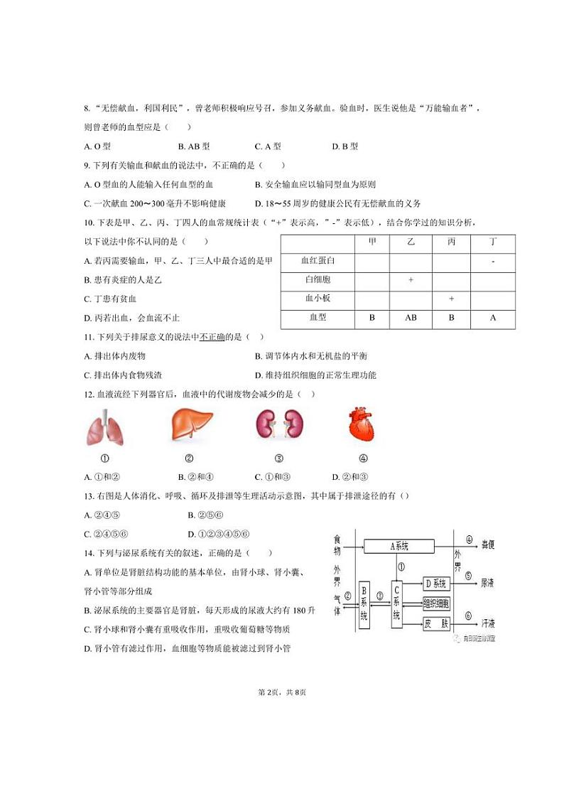 海南省海口市第十四中学2023~2024学年七年级下学期6月月考生物试题(PDF版无答案)02