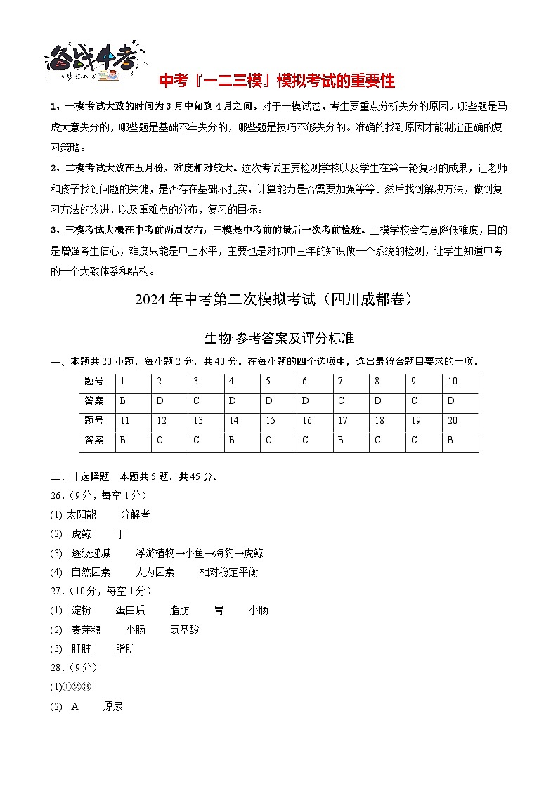 2024年中考生物第二次模拟考试(四川成都卷)01