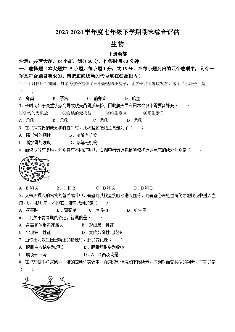 山西省太原市2023-2024学年下学期期末检测七年级生物(无答案)第1页