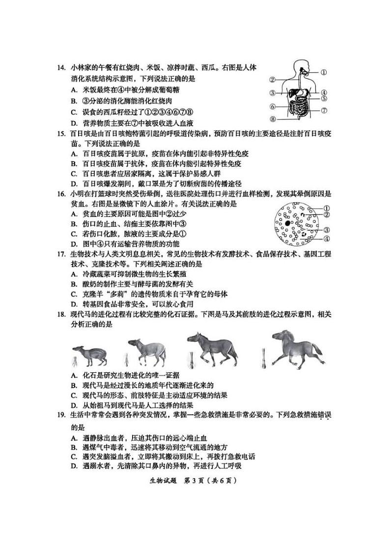 2024年中考真题:四川省广安市生物试题第3页