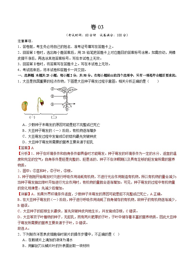 卷03-【临考满分】2024年中考生物临考满分卷(福建卷)(原卷版+解析版)01