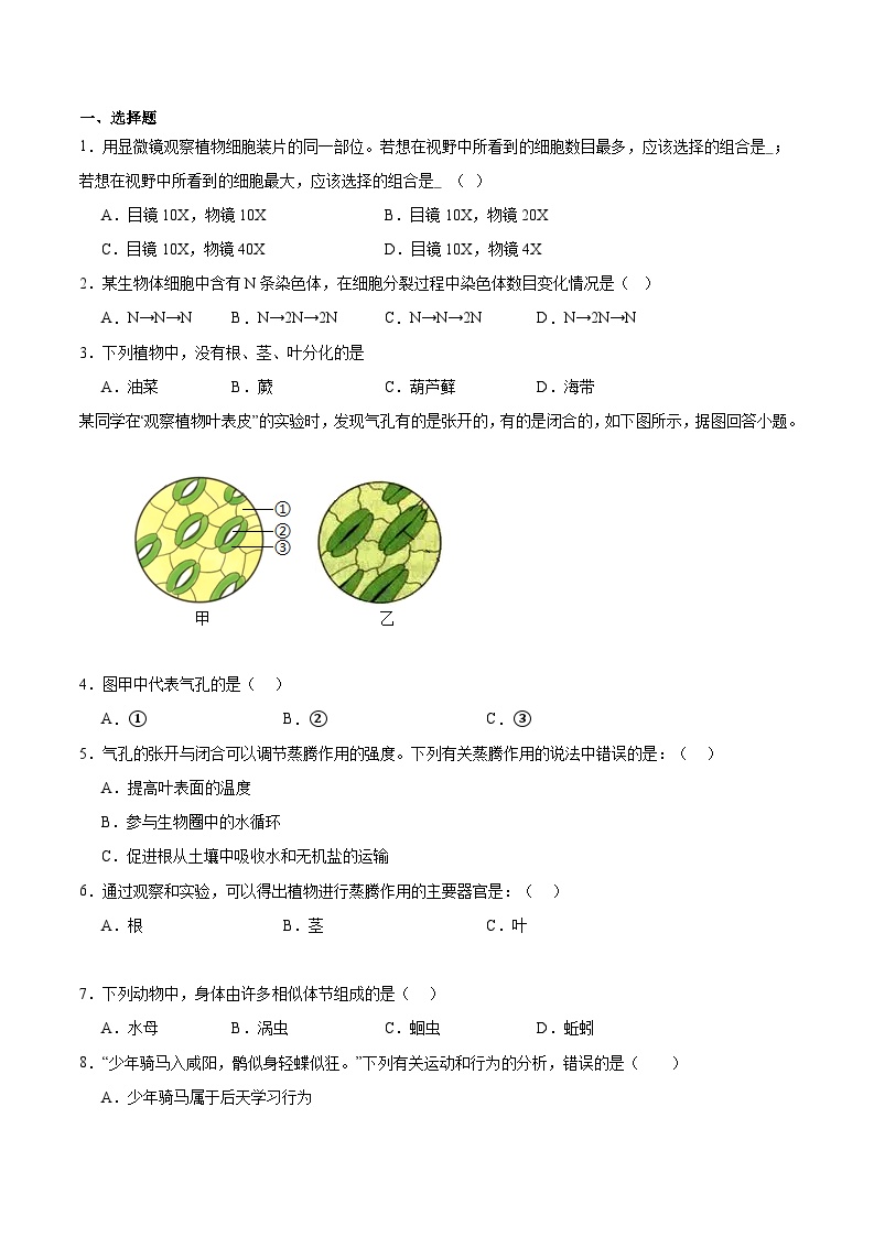 2024年山东枣庄初中生物会考模拟试卷（原卷版+解析版）