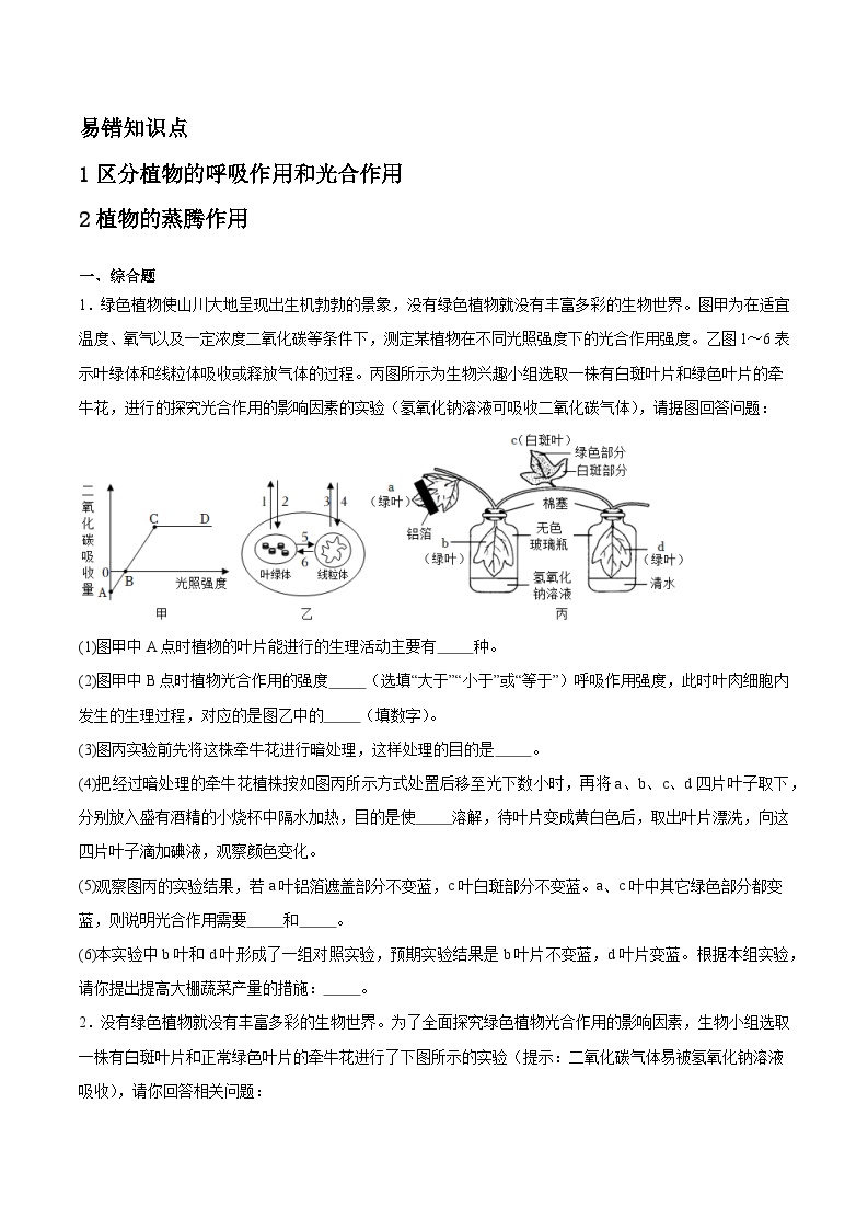 专题二 植物三大作用会考试题专项训练-2024年山东生物会考专用（原卷版+解析版）