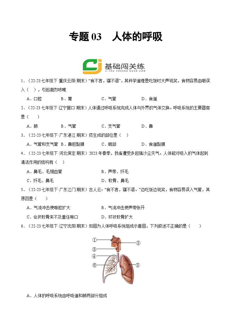 专题03 人体的呼吸(原卷版)第1页