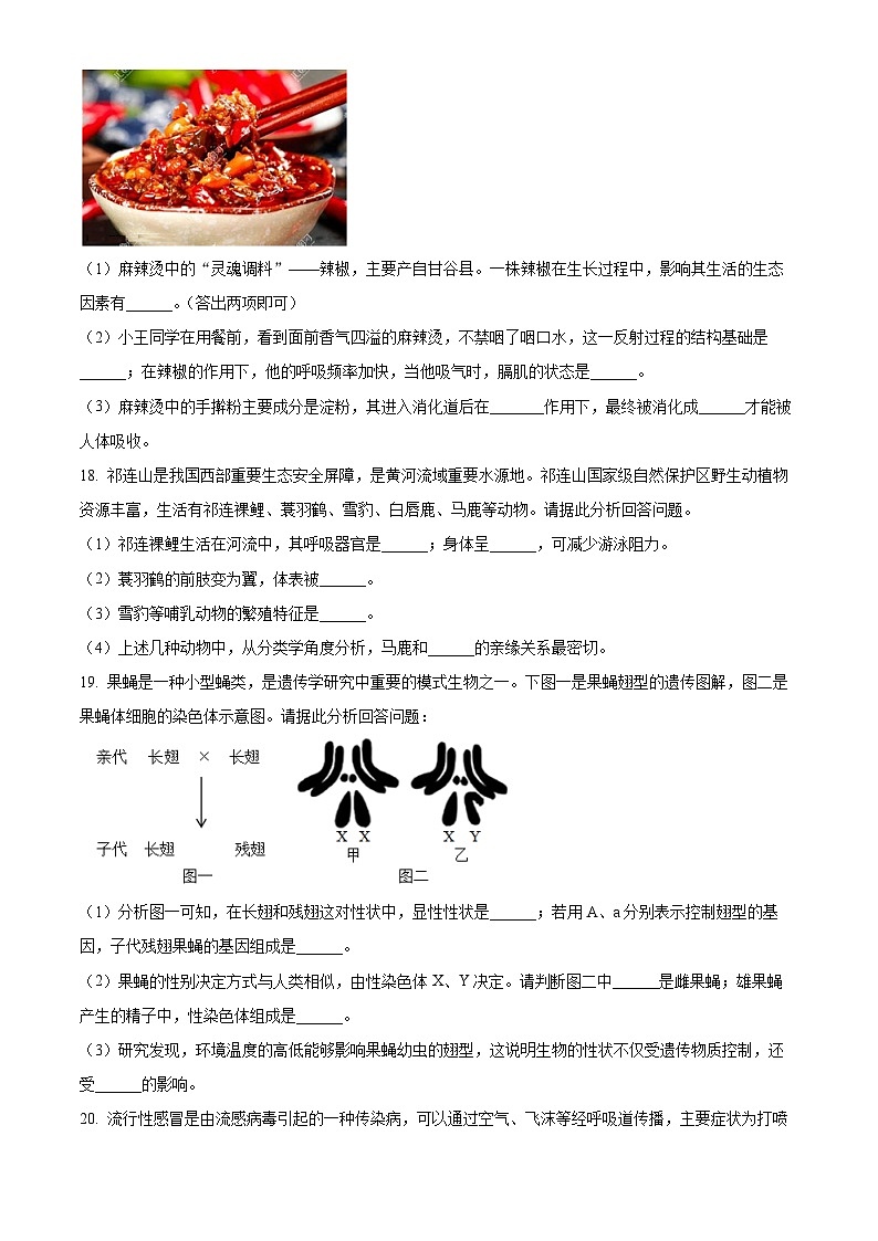 2024年甘肃省天水市中考真题生物试题(原卷版+解析版)03