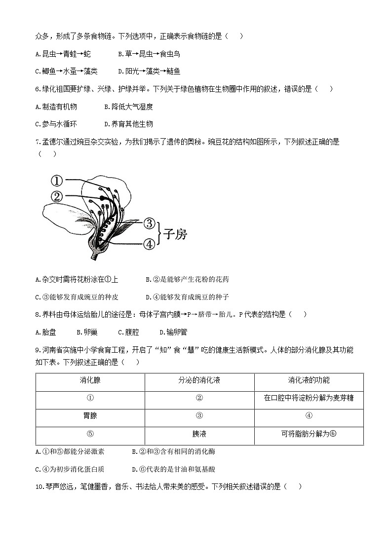 2024年河南省中考生物试题(含答案)第2页