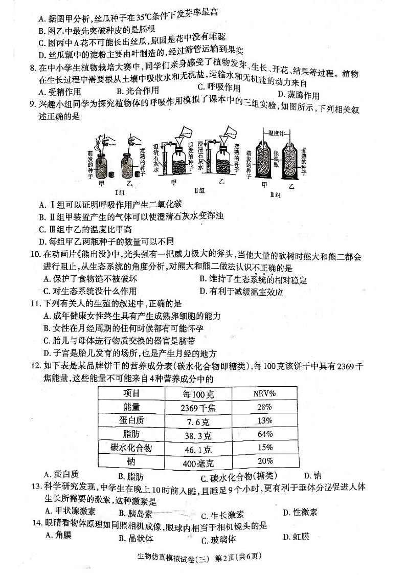 2024年广东省廉江市良垌镇第三初级中学八年级生物中考仿真模拟试题(三)第2页