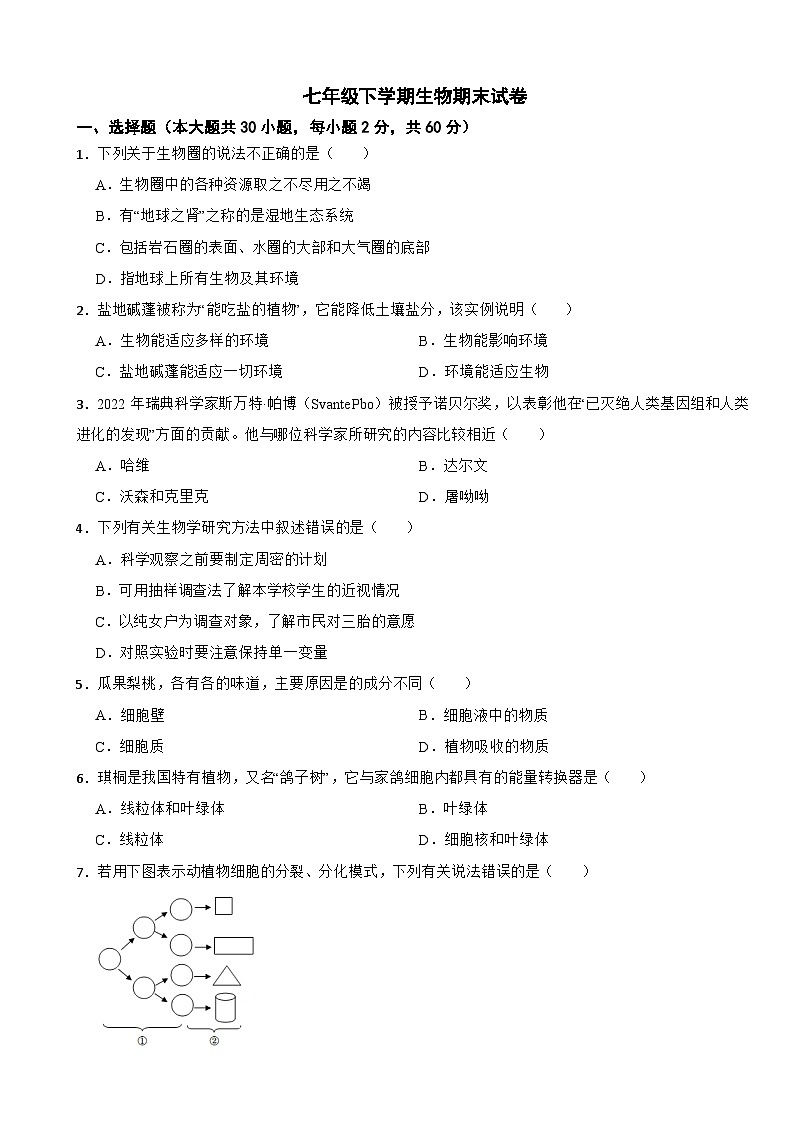 广东省梅州市2024年七年级下学期生物期末试卷(附答案)第1页