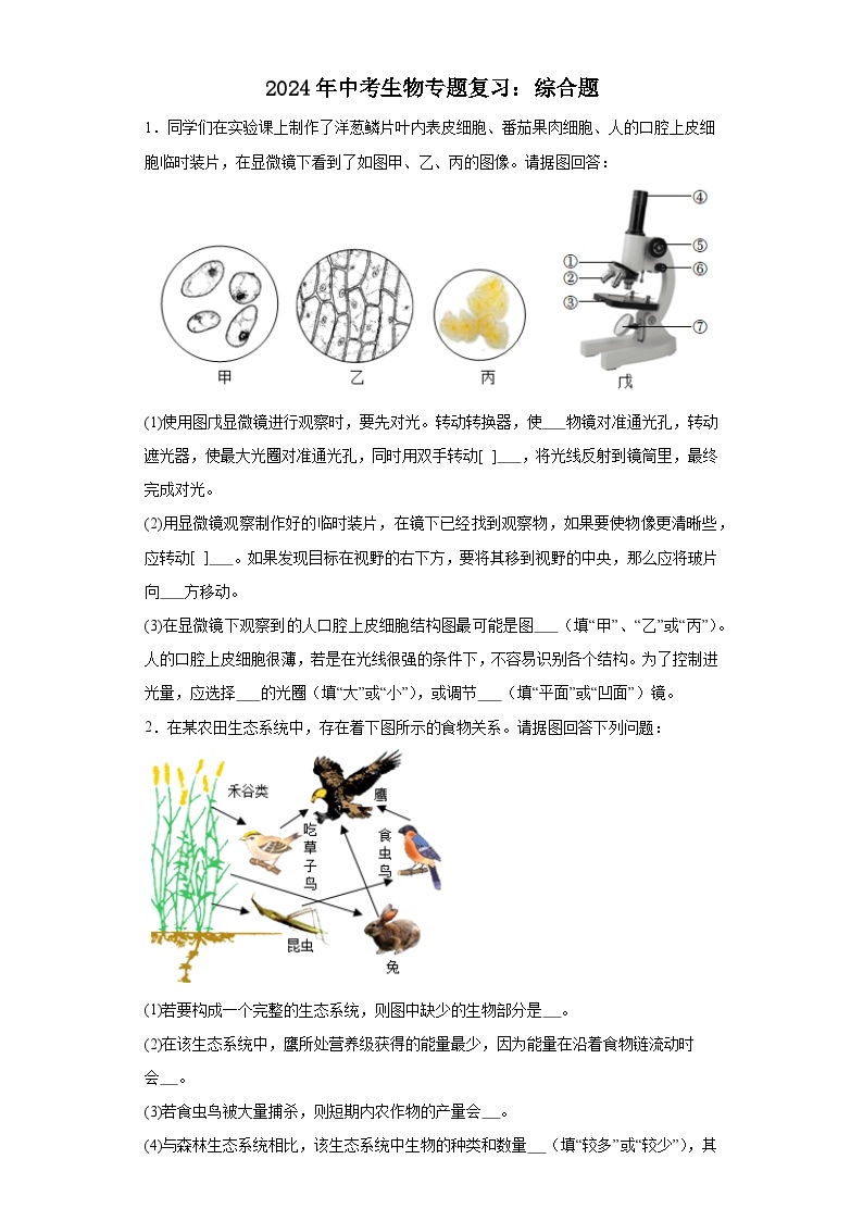 2024年中考生物二轮专题复习 综合题（含答案）