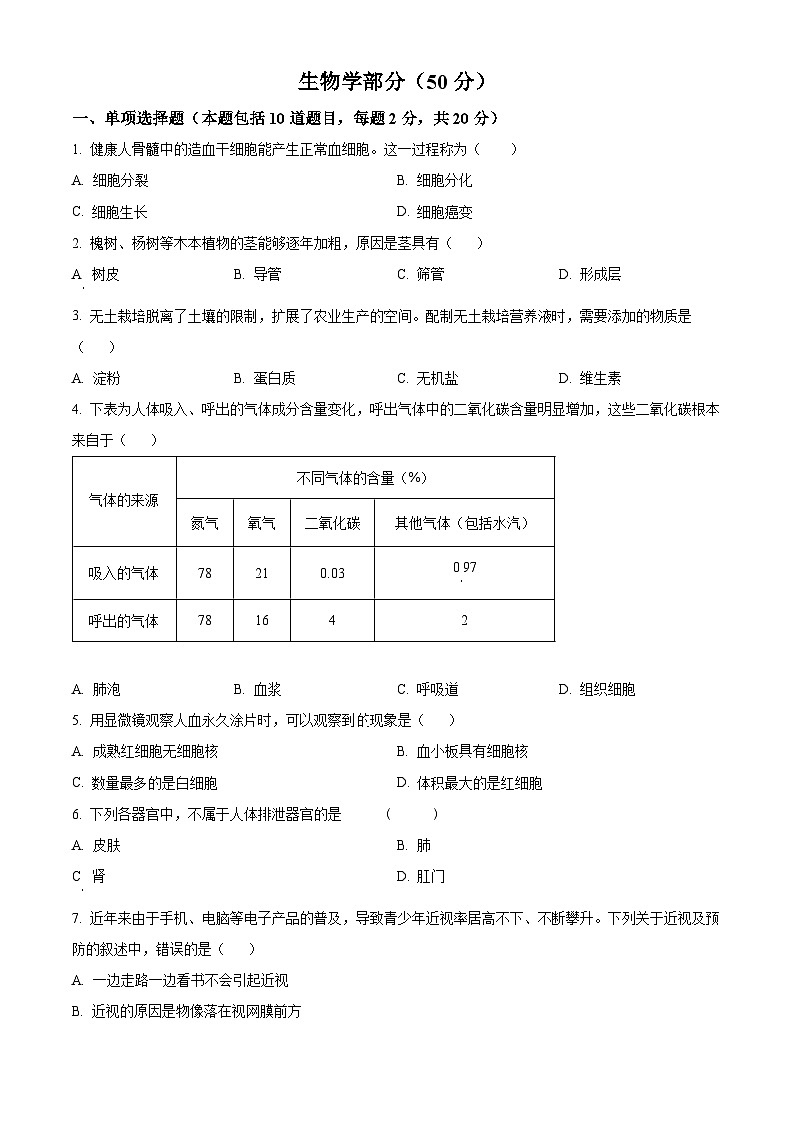 2024年中考真题—甘肃省天水市生物试题(原卷版)01