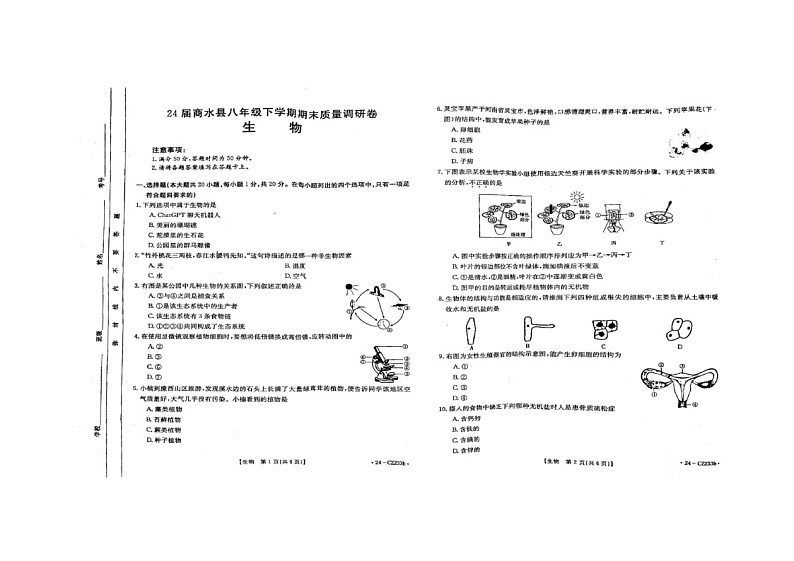 河南省周口市商水县2023-2024学年八年级下学期6月期末生物试题第1页