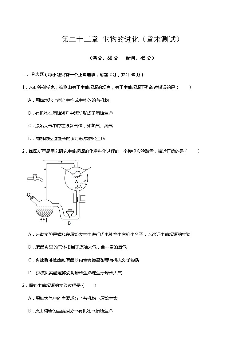 苏科版生物八年级下册  第23章 生物的进化(章末测试)(原卷版)第1页