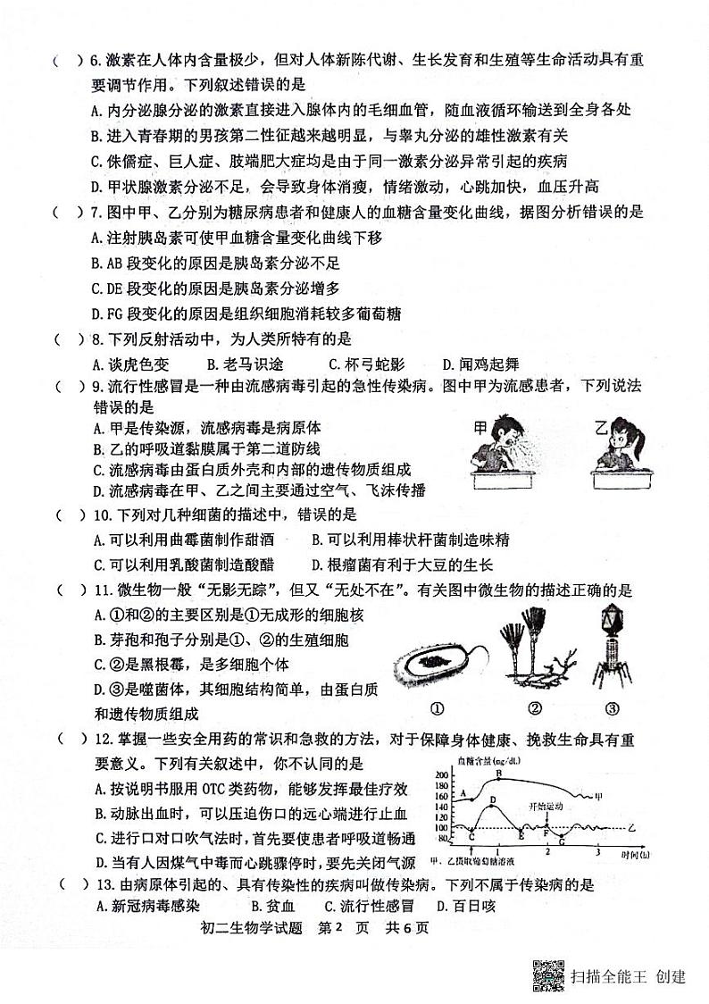 山东省淄博市淄川区2023-2024学年八年级下学期生物期末试题02