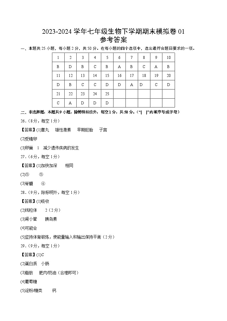 2023-2024学年初中下学期七年级生物期末模拟卷01(参考答案)第1页