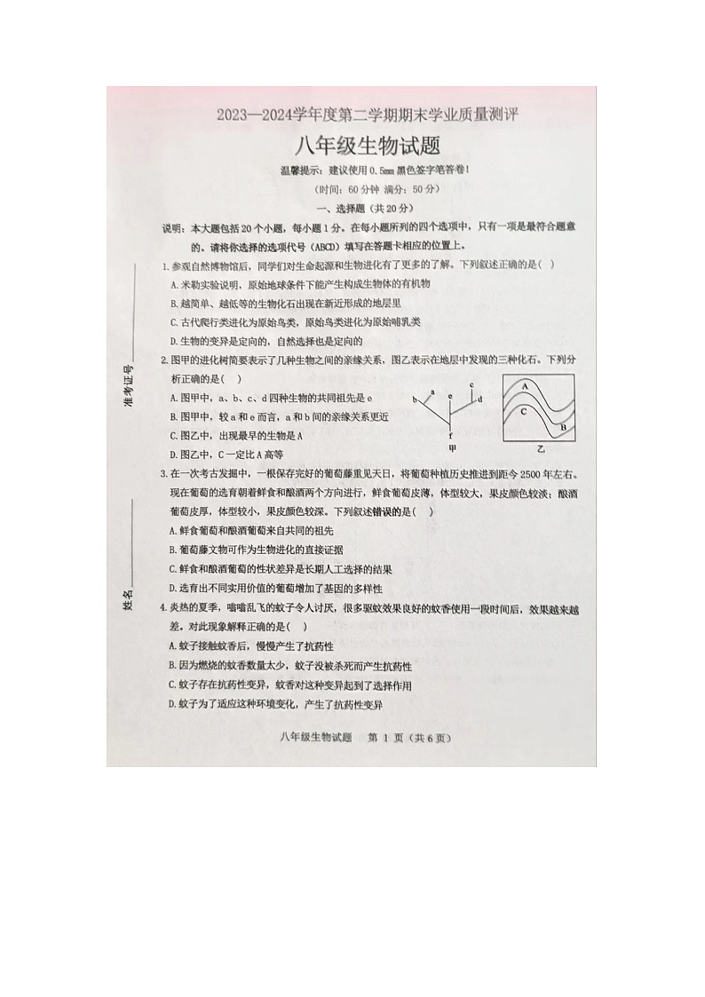 山东省菏泽市成武县2023-2024学年八年级下学期7月期末生物试题第1页
