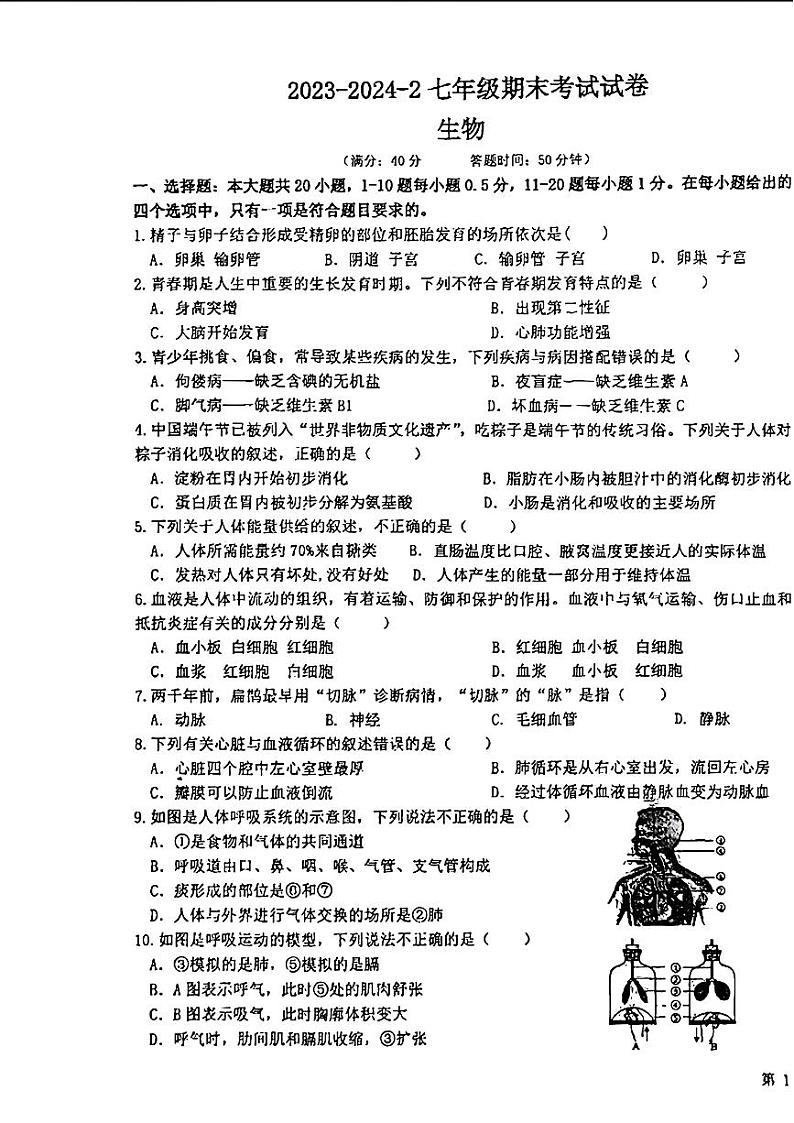 甘肃省兰州市三十五中等校2023--2024学年七年级下学期期末生物试题第1页