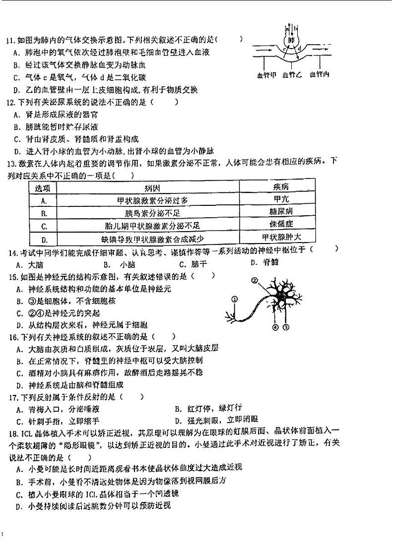 甘肃省兰州市三十五中等校2023--2024学年七年级下学期期末生物试题第2页