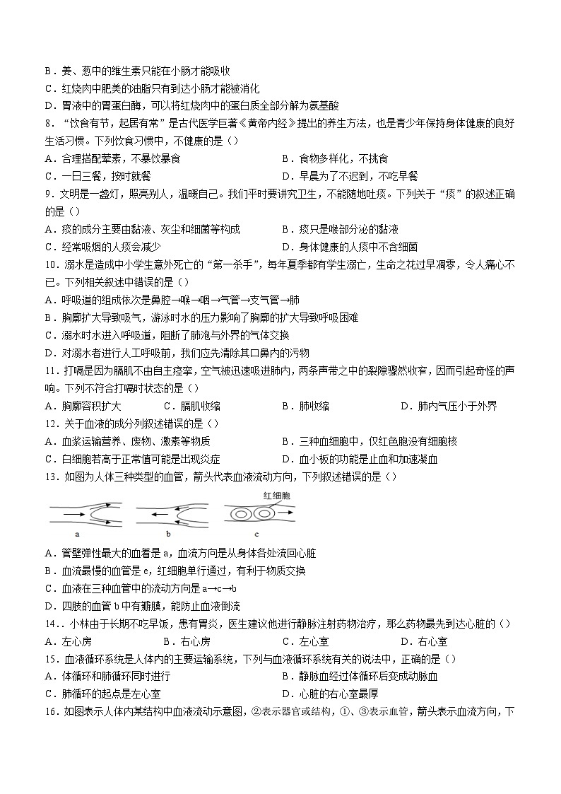 湖南省湘西州吉首市2023-2024学年七年级下学期期末考试生物试题02