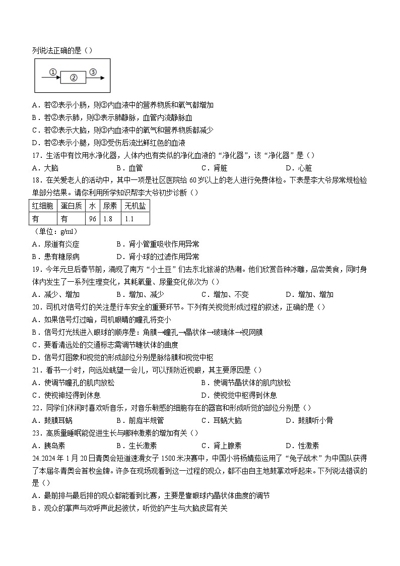 湖南省湘西州吉首市2023-2024学年七年级下学期期末考试生物试题03