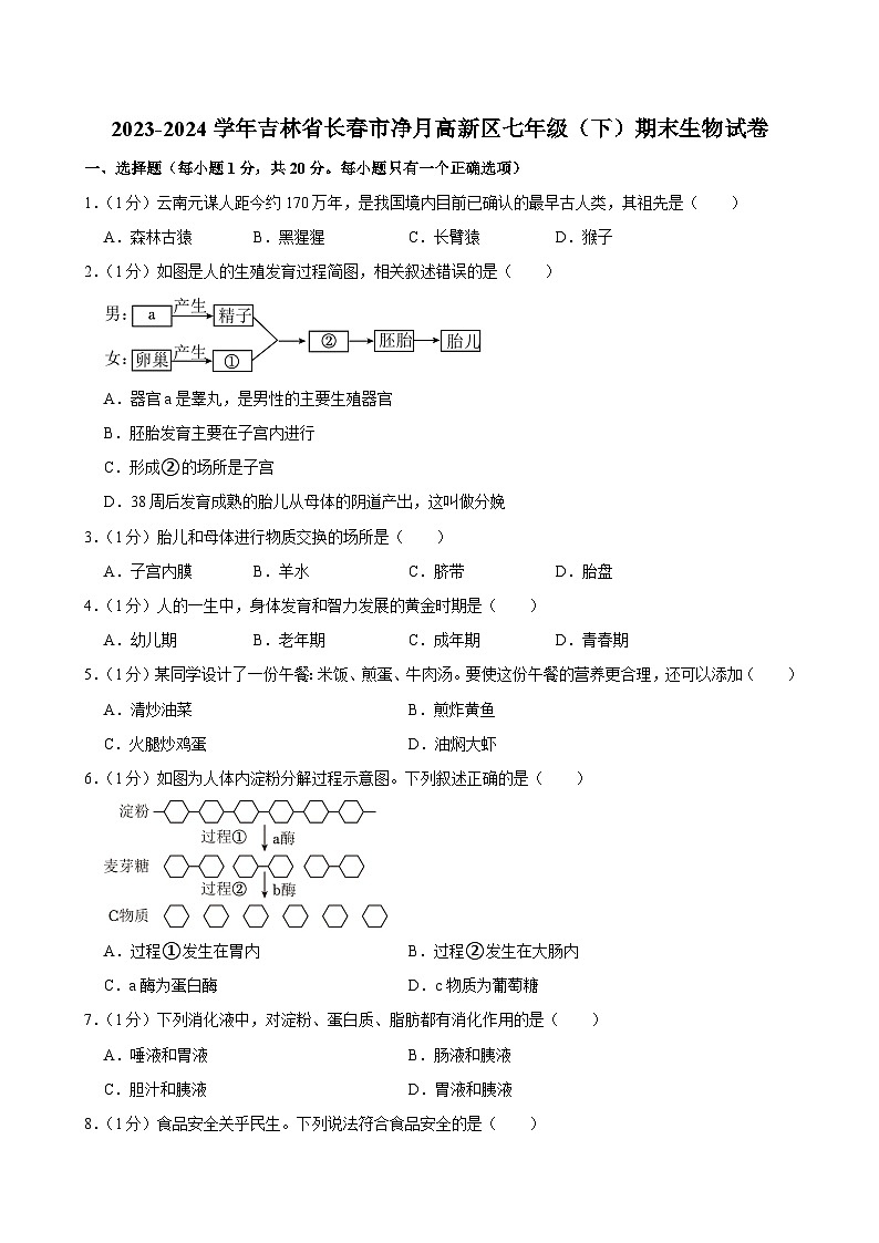 吉林省长春市净月高新区2023-2024学年七年级下学期期末生物试卷第1页