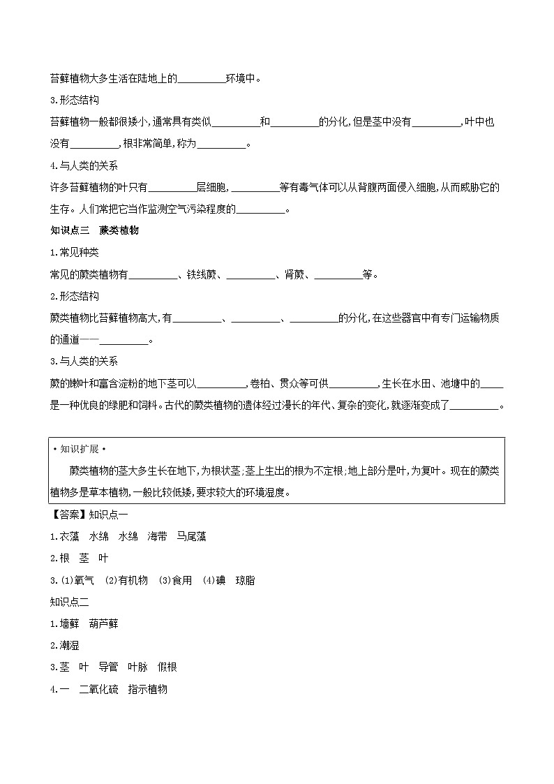 3.1.1 藻类、苔藓和蕨类植物 学案(含答案) -生物人教版七年级上册02