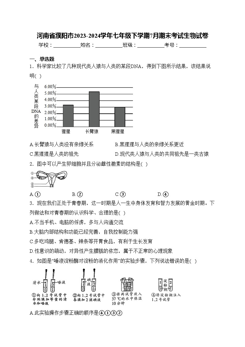 河南省濮阳市2023-2024学年七年级下学期7月期末考试生物试卷(含答案)第1页